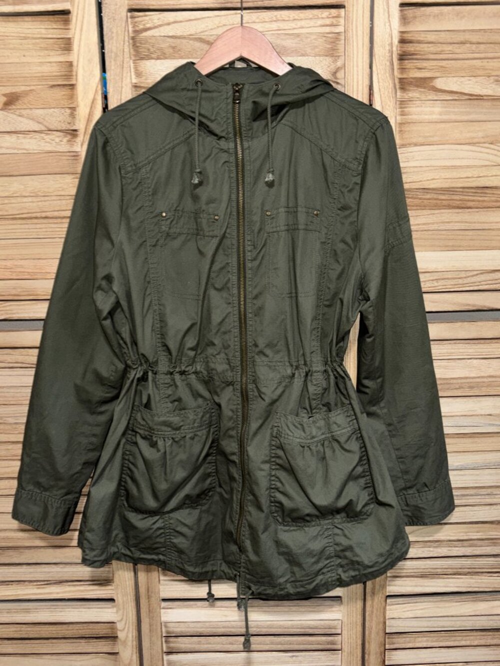 Kenneth Cole Reaction Army Green Utility Jacket Hooded Cinch Waist Cargo Parka M